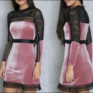 Pink Velvet Black Lace Trim Long Sleeve A-line Dress Sz 10